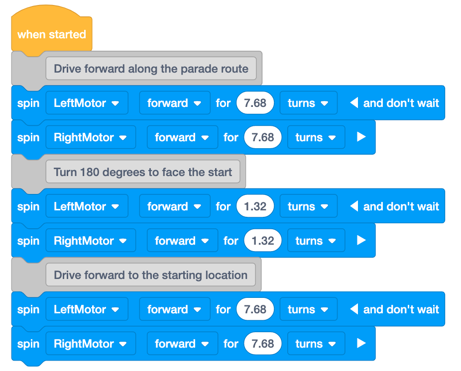 The same VEXcode GO project as before with all parameters filled in. The first section's comment reads Drive forward along the parade route; then spin left motor forward for 7.68 turns and don't wait; Spin right motor forward for 7.68 turns. The second section's comment reads Turn 180 degrees to face the start; then spin Left motor forward for 1.32 turns and don't wait; spin right motor reverse for 1.32 turns. The third section's comment reads Drive forward to the starting location; then spin left motor forward for 7.68 turns and don't wait; spin right motor forward for 7.86 turns.