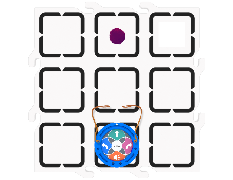 image of 123 tile setup, 123 robot in bottom middle square, and a single pompom on the top middle square, directly in front of the 123 Robot