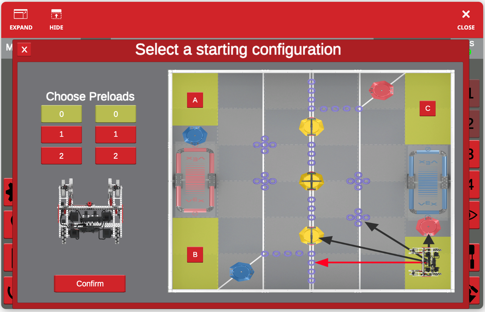 Image of the starting configuration window with selections made
