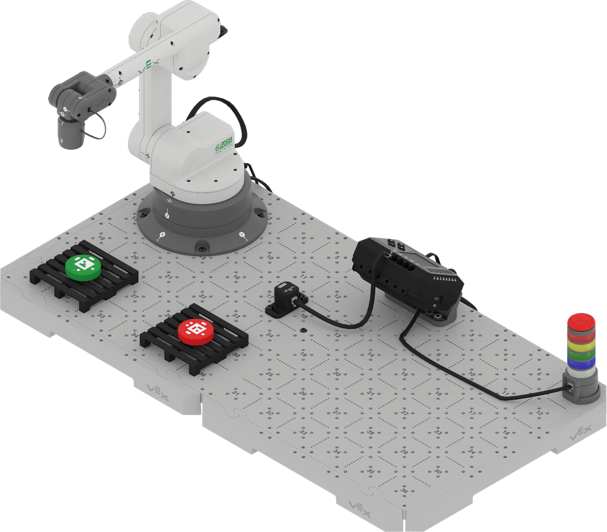 Angled view of the build for this Unit with one red disk on the right pallet and one green disk on the left pallet.