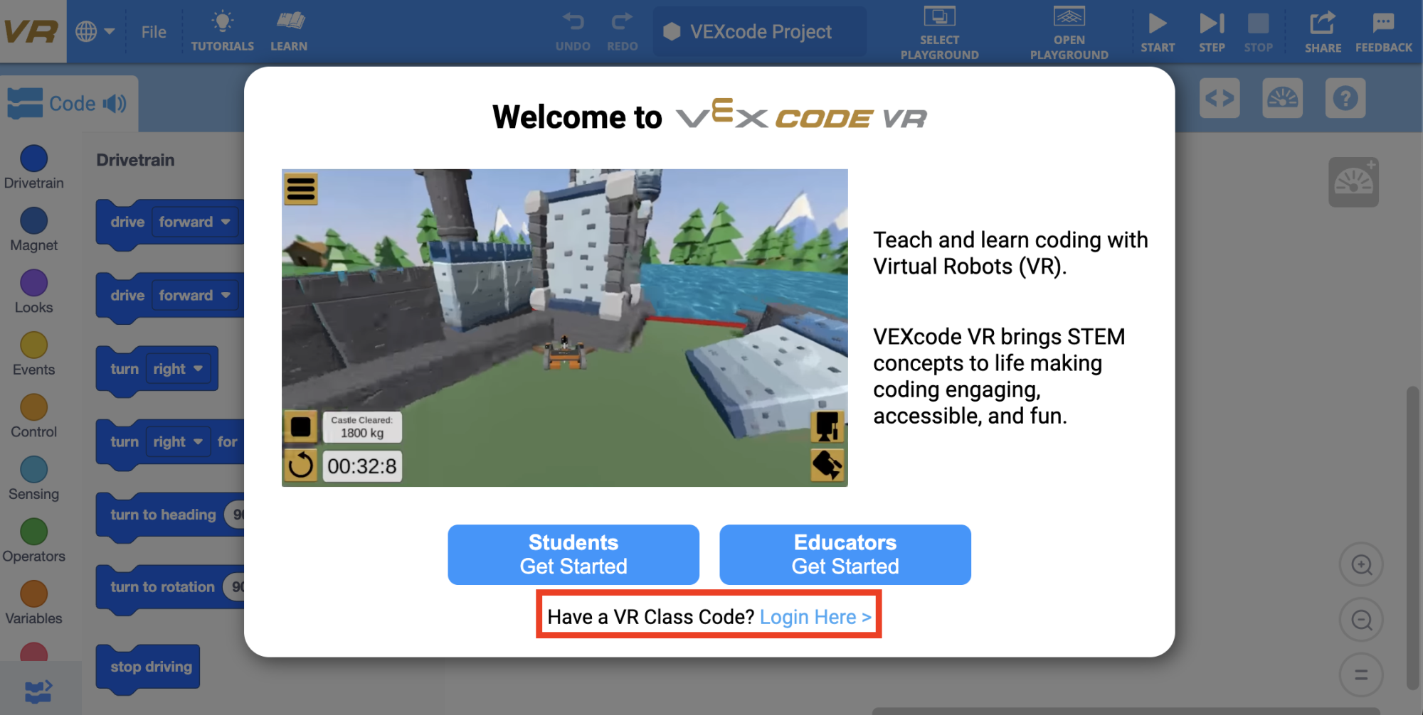 Pop up when VEXcode VR is launched to login with class code
