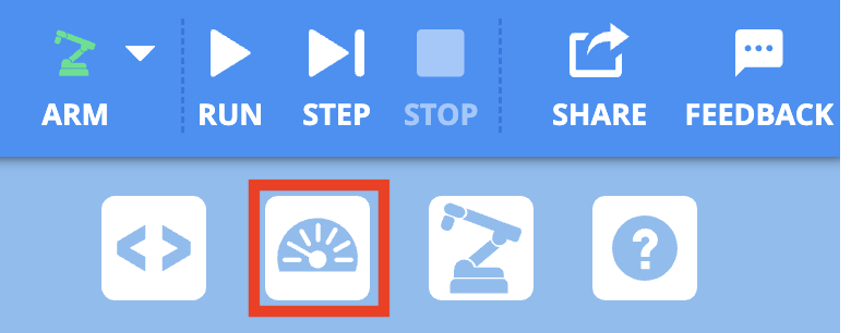 The VEXcode Toolbar showing the project control buttons in the top right of VEXcode. Beneath the project control buttons, the Monitor Sensor button, positioned two from the left, is highlighted with a red box.