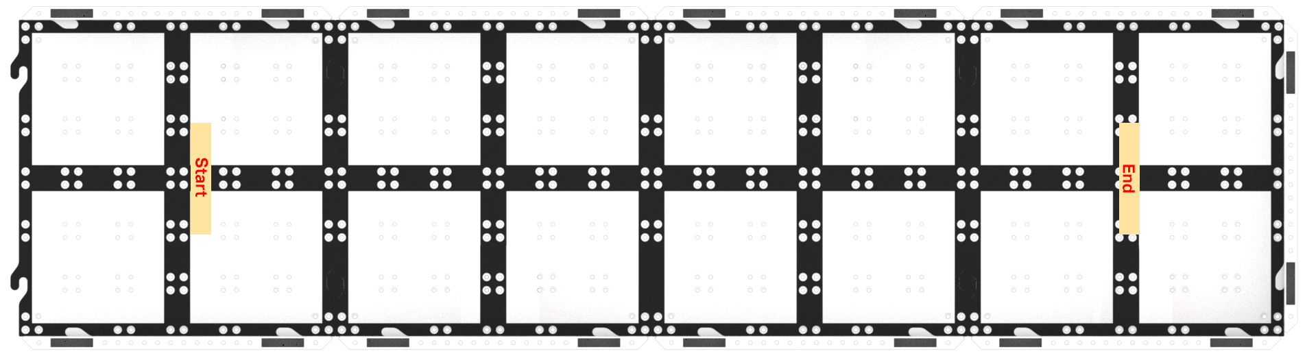 Top down view of the Challenge Course Setup. There is a 1 wide and 4 long field of GO Field Tiles. At one end a piece of tape marks a Start line, and at the other end a piece of tape marks the Finish line.