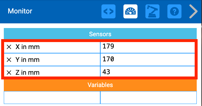 The VEXcode Monitor console showing the X, Y, and Z positions of the 6-Axis Arm in millimeters. The current positions are the following, X is 179, Y is 170, and Z is 43. Those three positions are highlighted with a red box.