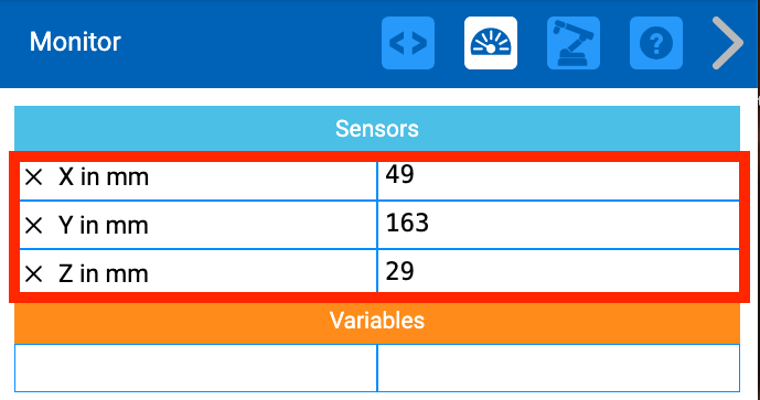 The VEXcode Monitor console showing the X, Y, and Z positions of the 6-Axis Arm in millimeters. The current positions are the following, X is 49, Y is 163, and Z is 29. Those three positions are highlighted with a red box.