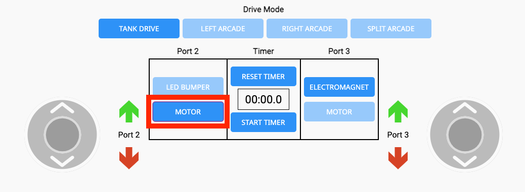 VEX GO Drive tab screen with the port 2 mode changed from LED Bumper to Motor and called out in a red box, to enable the user to move the arm with the joystick.