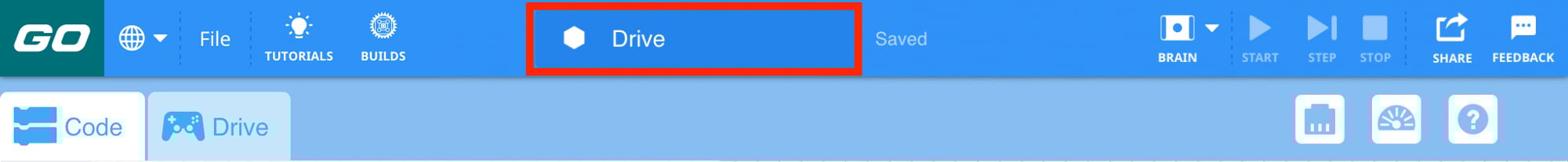 VEXcode GO Toolbar with the Project Name button called out in a red box. This button can be used to rename a project, and the project's name reads 'Drive'.