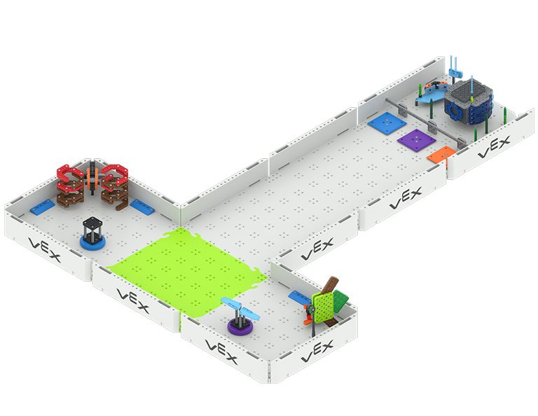 Feld der Meereskunde, Stufe 1, mit 6 Kacheln in T-Formation. Die Kacheln oben links und rechts enthalten Sensoren, die in das Labor verschoben werden müssen, das sich ganz unten im T befindet.