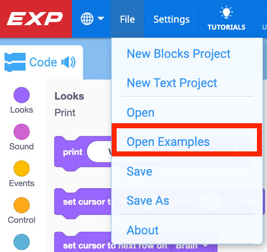 VEXcode EXP with the File menu in the top left corner of the Toolbar open. A red box is around the fourth option that reads Open Examples.