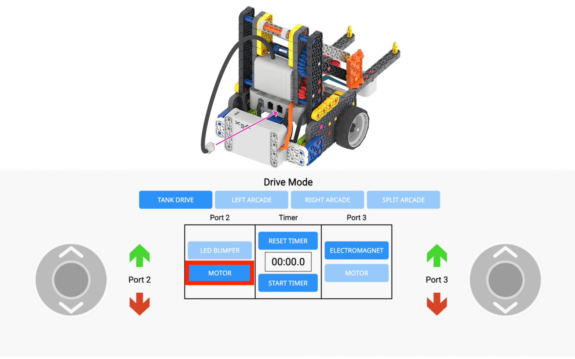 Hero robot diagram above and the VEX GO Drive tab screen below. A cable is shown connecting the arm motor to port 2 on the Hero Robot. Below, the port 2 mode is changed from LED Bumper to Motor, to enable the user to move the arm with the joystick.
