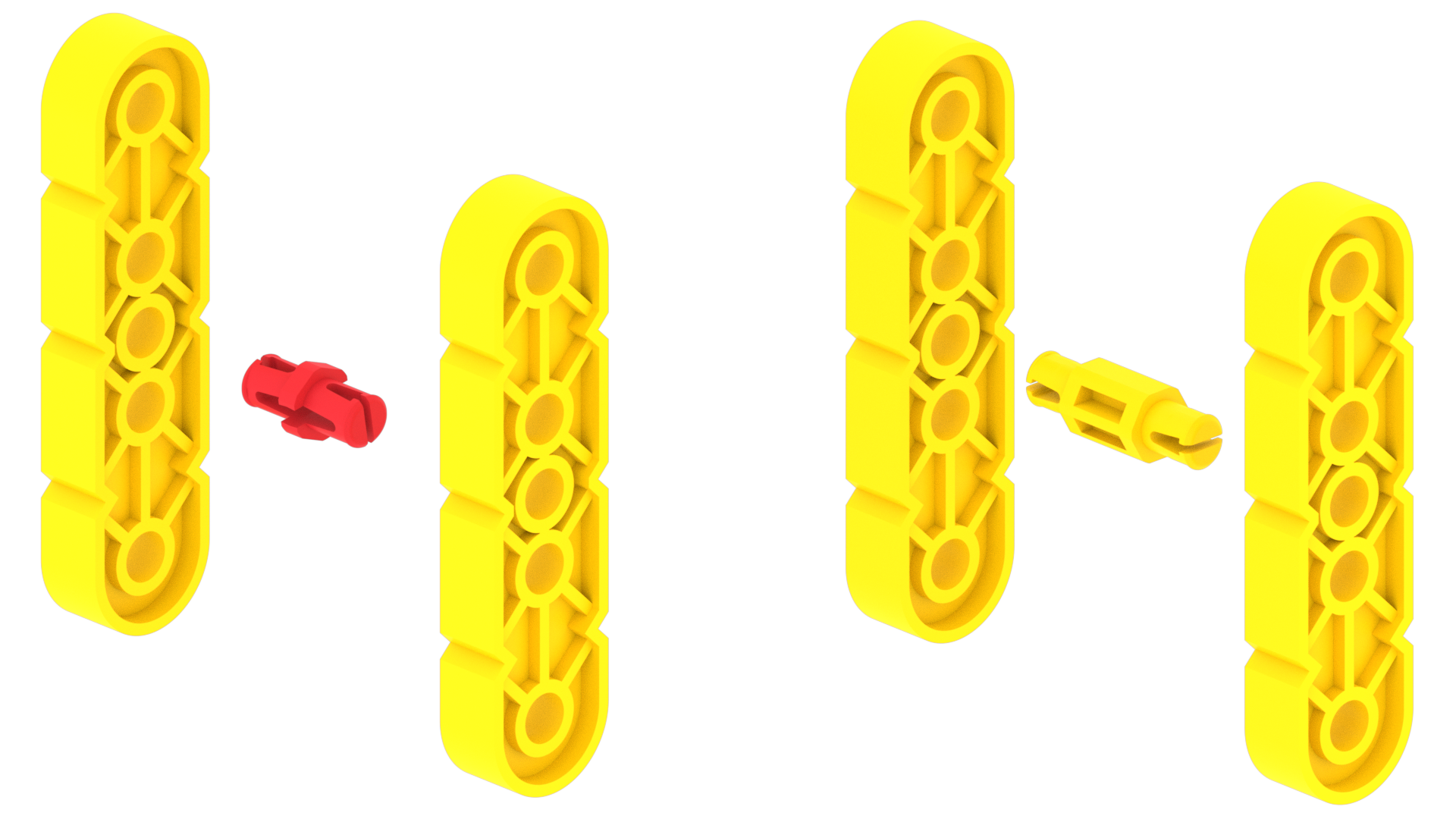 दो पीले बीमों को एक साथ जोड़ने के लिए दो संयोजन विकल्प। एक व्यक्ति टुकड़ों को बिना किसी अंतराल के जोड़ने के लिए लाल पिन का उपयोग करता है, तथा दूसरा व्यक्ति टुकड़ों को बिना किसी अंतराल के जोड़ने के लिए पीले पिन का उपयोग करता है।