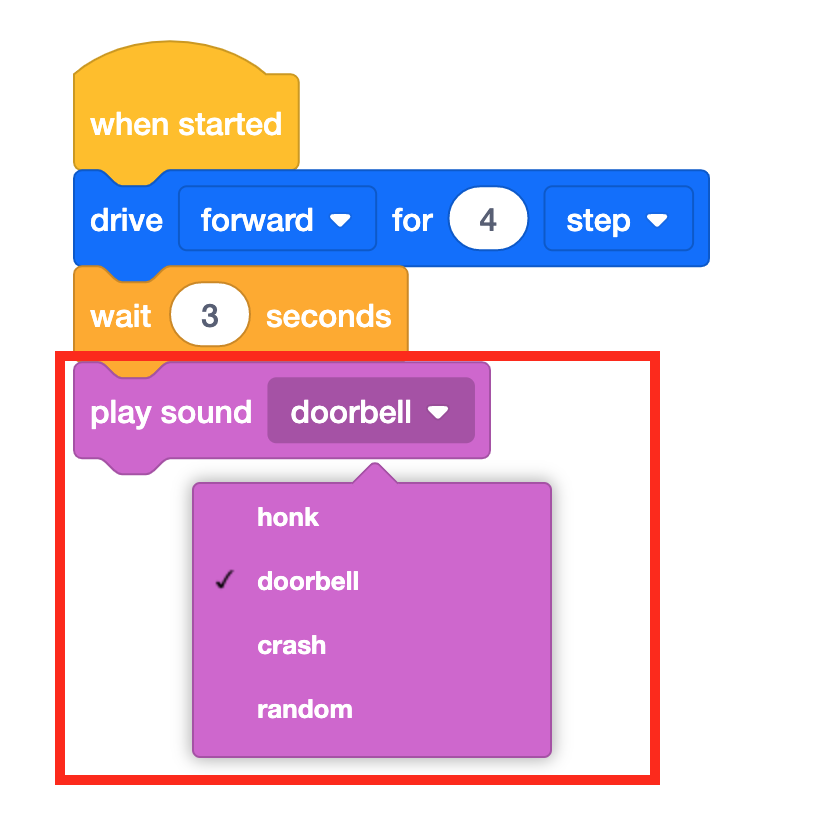 Continuation of the VEXcode 123 Blocks program with a Play Sound block that plays a doorbell sound added after the Wait block. The project now reads When started, drive forward for 4 steps, wait 3 seconds, and then play sound doorbell. A dropdown menu is opened on the Play Sound block, to indicate how the sound can be changed from honk to doorbell.