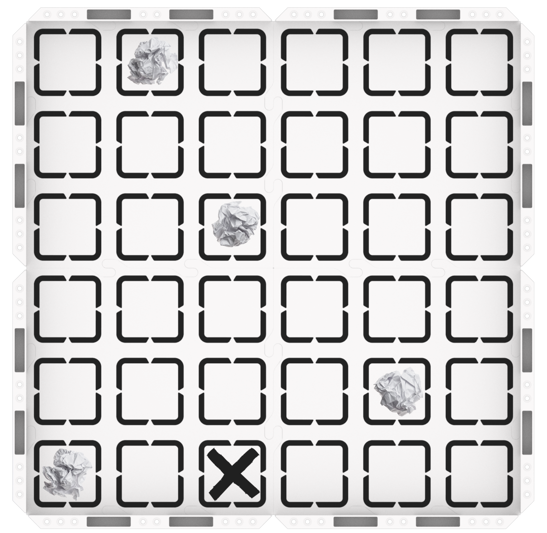 123 Feldaufbau für Spielteil 2, bestehend aus 2 x 2 Kacheln mit Wänden. Zerknitterte Papierhindernisse werden an den folgenden Stellen platziert: Das obere mittlere Quadrat der oberen linken Kachel, das untere rechte Eckquadrat der oberen linken Kachel, das mittlere Quadrat der unteren rechten Kachel, das untere linke Quadrat der unteren linken Kachel. Ein schwarzes x ist auf dem unteren rechten Eckquadrat der unteren linken Kachel gezeichnet.