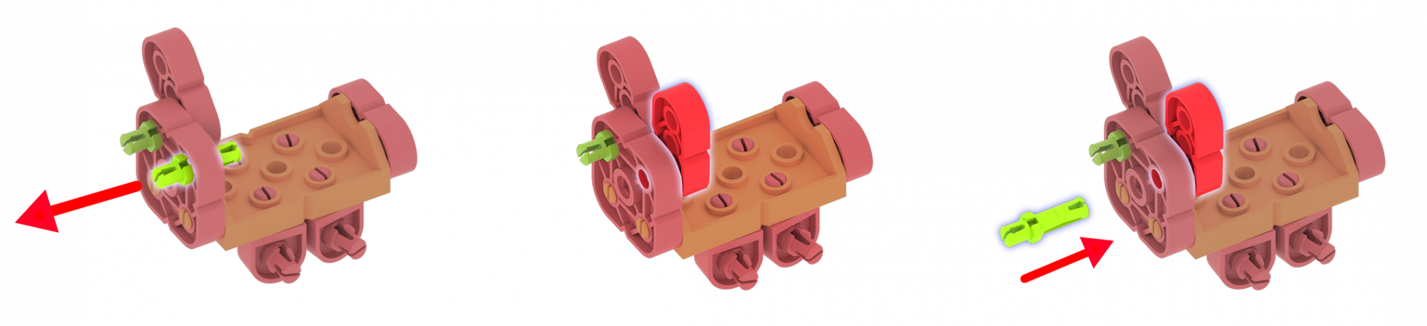 Tavşan ebeveyninin kulaklarını takmak için 2 sorun giderme adımını gösteren üç resim. Soldan sağa, ilk resimde yeşil pin vurgulanmış ve pinin çıkarıldığını göstermek için sola doğru işaret eden kırmızı bir okla tavşan yapısı gösterilmektedir. İkinci resimde kulak için kırmızı ışının deliklerle doğru pozisyonda hizalanmış hali gösteriliyor. Üçüncü görselde ise aynı görsel, tavşanın yüzünün kırmızı büyük ışınının önüne yerleştirilmiş yeşil bir iğne ile gösteriliyor ve hem kırmızı büyük ışından hem de kırmızı ışından geçerek tavşanın kulağını takmaya hazır. Pimin üzerinde, itme yönünü göstermek için parçalara doğru bakan kırmızı bir ok bulunur. Yeşil iğnenin uzun ucu tavşana bakacak şekildedir.