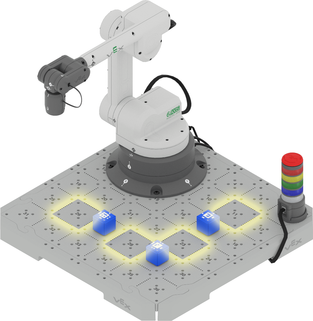 CTE Workcell setup with Platform, Signal Tower, 6-Axis Arm, and 3 Cubes. The spaces between the cubes are highlighted to show the targets for the 6-Axis Arm to reach. The highlighted spaces are 26, 28, 23, and 11.