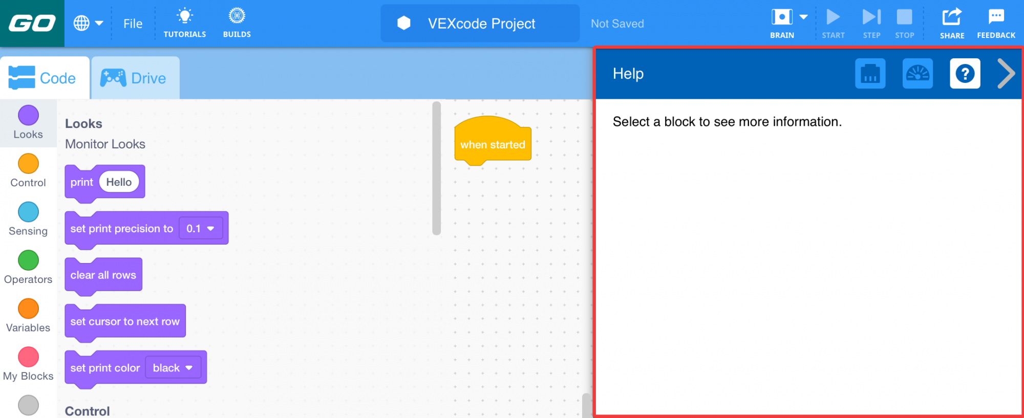 VEXcode GO interface showing the Toolbox on the left, and the Help open on the right with the Help window highlighted with a red box. It reads 'Select a block to see more information'.