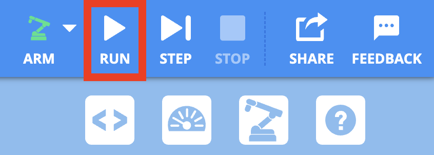 The VEXcode Toolbar showing the project control buttons in the top right of VEXcode. The Run button is highlighted with a red box.