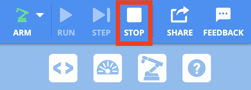 The VEXcode Toolbar showing the project control buttons in the top right of VEXcode. The Stop button is highlighted with a red box.