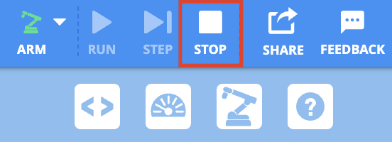VEXcode EXP Toolbar with the Stop button called out in a red box, in between the Step and Share icons.