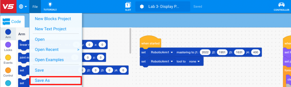 Save As button in VEXcode V5