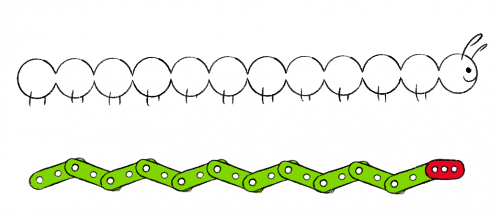 A sketch of a caterpillar with many round segments with tiny legs and a head to the right is drawn above a sketch of the same creature represented with VEX GO green beams connected at angles to look like a crawling insect, with a red beam used for the head.
