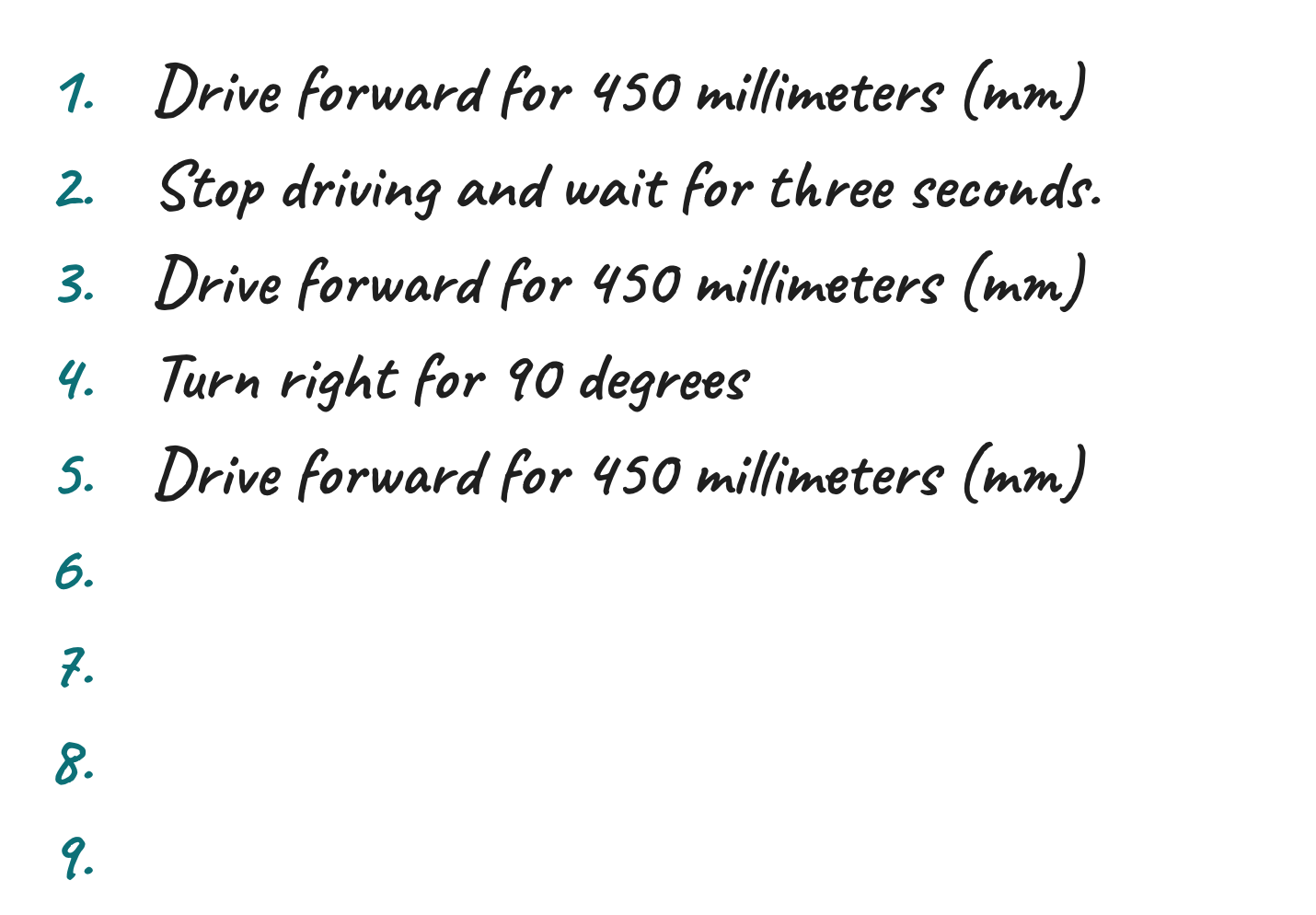 Một ví dụ về mã giả viết tay chỉ với 5 bước đầu tiên đã hoàn thành và các bước từ 6 đến 9 được để trống. Năm bước đầu tiên được đọc như sau: 1. Lái xe về phía trước trong 450 mm; 2. Dừng lái xe và chờ trong 3 giây; 3. Lái về phía trước 450 mm; 4. Rẽ phải 90 độ; 5. Lái xe về phía trước 450 mm.