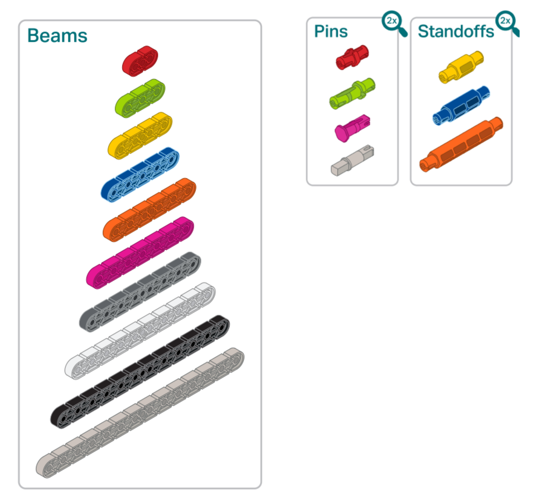 VEX GO श्रेणी के पोस्टर में तीन प्रकार के VEX GO टुकड़े प्रदर्शित किए गए हैं: बीम, पिन और स्टैंडऑफ।