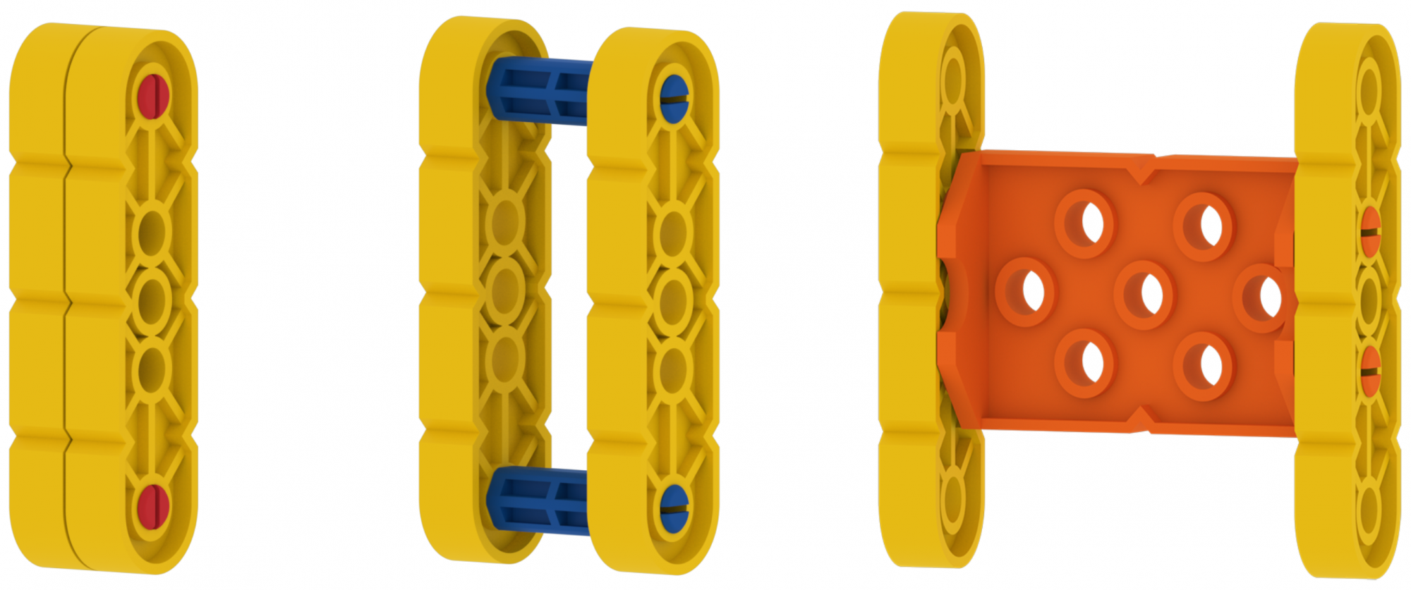 दो पीले बीम को एक साथ जोड़ने के लिए तीन असेंबली विकल्प। एक में टुकड़ों को जोड़ने के लिए लाल पिन का उपयोग किया जाता है, उनके बीच कोई स्थान नहीं होता, दूसरा टुकड़ों को जोड़ने के लिए नीले पिन का उपयोग करता है, उनके बीच कोई स्थान होता है, तथा अंतिम में टुकड़ों को जोड़ने के लिए नारंगी कनेक्टर का उपयोग किया जाता है, उनके बीच कोई स्थान होता है।
