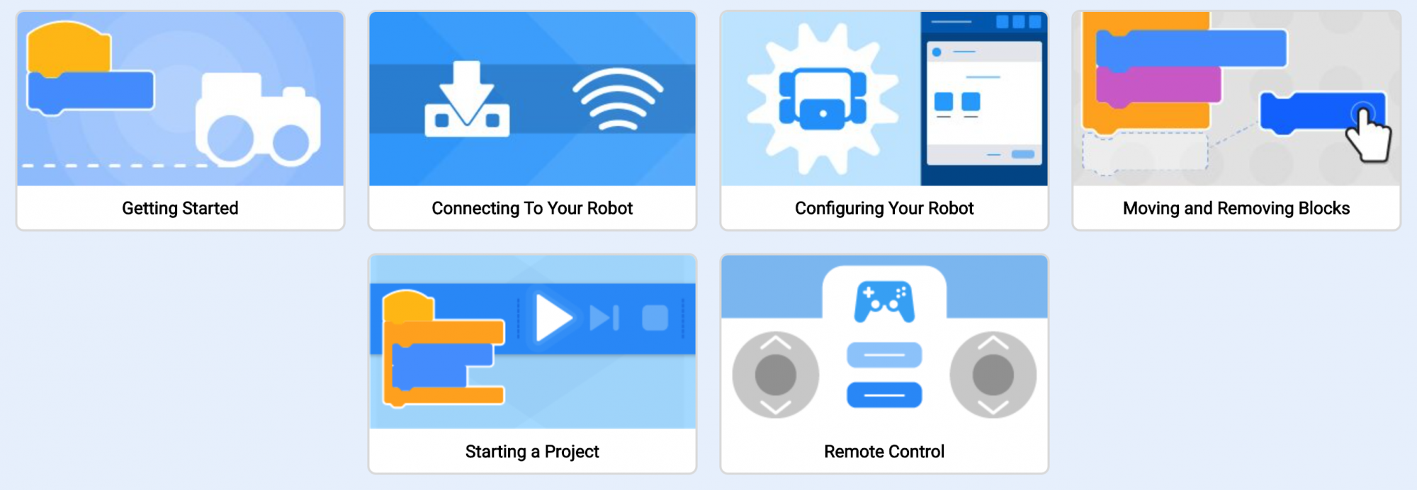 Tutorial video selection window showing icons for various Tutorials that can be viewed in VEXcode GO.