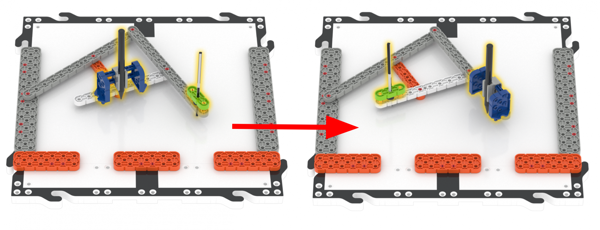 Side-by-side diagram of the Pantograph, with an arrow and highlights showing that the pen and tracing attachments should be switched.