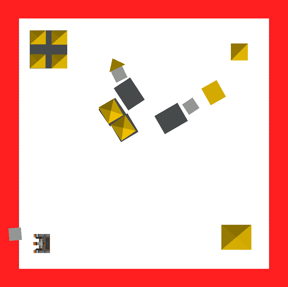 Top down view of the Castle Crasher Playground. The castles in the middle of the playground and the bottom left of the playground have been toppled over. The VR Robot is at the bottom left of the playground and is facing the playground's left side.