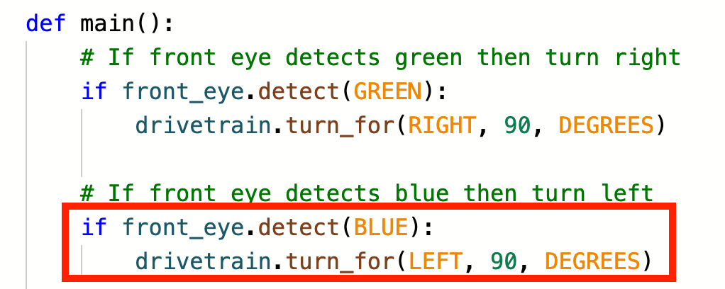 if front eye detect blue turn left