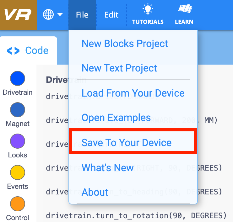 image of the save to your device selection in the file menu