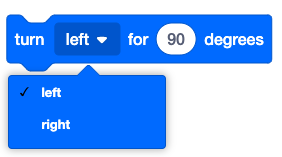 A Turn for VEXcode 123 block with the direction parameter open and left selected. The block reads Turn left for 90 degrees.