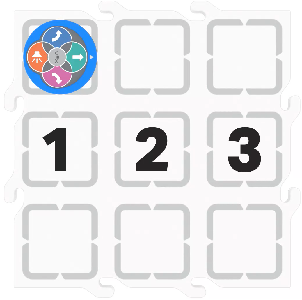 Vue de dessus de la configuration 123 Tile avec le 123 Robot dans le coin supérieur gauche orienté vers la droite et les numéros 1, 2 et 3 écrits dans la rangée centrale de carrés sur la tuile.