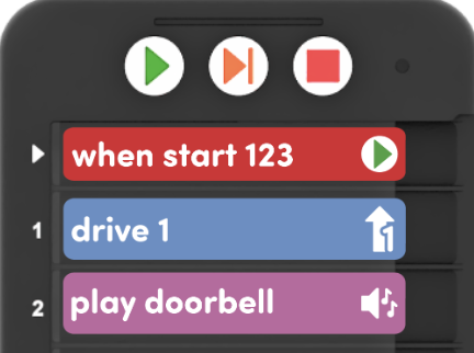 VEX कोडर में एक बगयुक्त प्रोजेक्ट है, जिसमें लिखा है, जब प्रारंभ करें 123, ड्राइव 1, डोरबेल बजाएं।