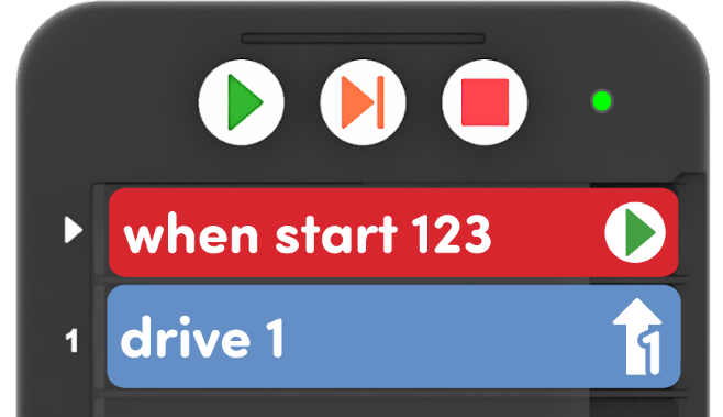 Coder met project dat bestaat uit 2 kaarten en leest When start 123, Drive 1.