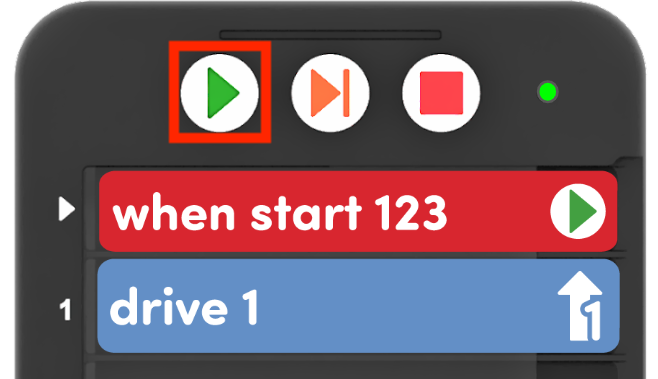 Bovenkant van de Coder met de Start-knop gemarkeerd en twee kaarten lezen Wanneer start 123, Drive 1.