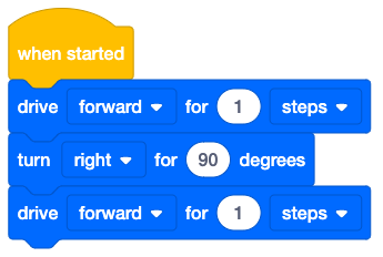 VEXcode 123 Blocks solution that reads When started, drive forward for 1 step, turn right for 90 degrees, and finally drive forward for 1 step.