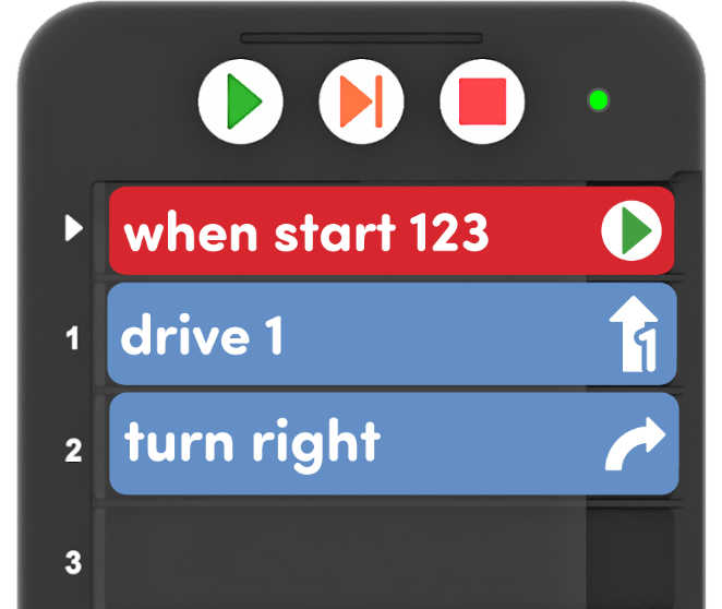 Coder met project dat bestaat uit 3 kaarten en leest Wanneer start 123, rijd 1 en sla rechtsaf.