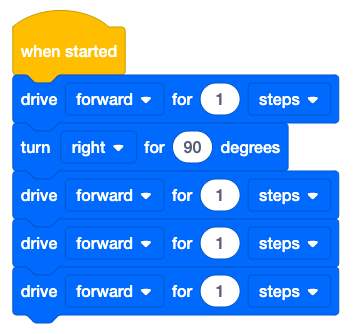 VEXcode 123 Blocks solution that reads When started, drive forward for 1 step, turn right for 90 degrees, drive forward for 1 step, drive forward for 1 step, and finally drive forward for 1 step.