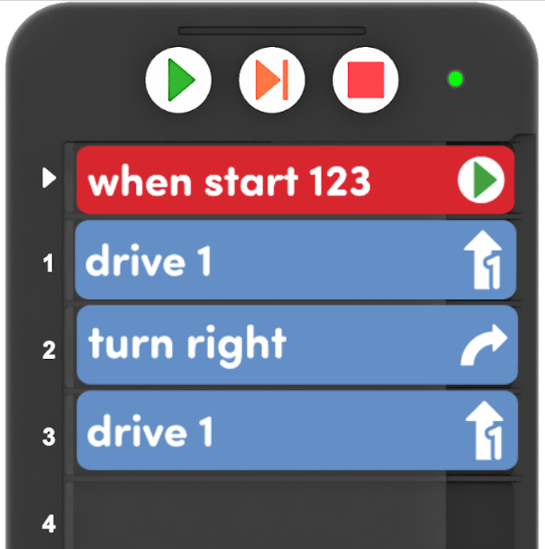 Coder met project dat bestaat uit 3 kaarten en leest Wanneer u 123 start, rijdt u 1, slaat u rechtsaf en ten slotte rijdt u 1.