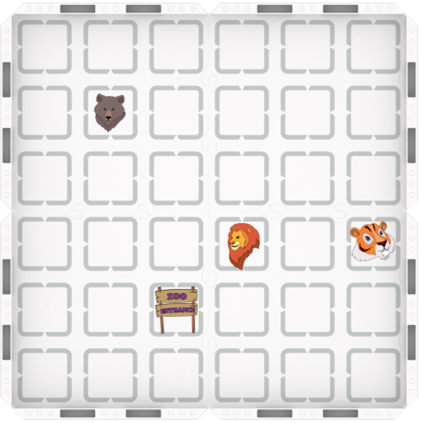 ল্যাব 1 এর জন্য চিড়িয়াখানা ফিল্ড সেটআপের টপ ডাউন ভিউ, যা 123 ফিল্ড টাইলের 2 বাই 2 বর্গ নিয়ে গঠিত । একটি চিড়িয়াখানায় প্রবেশের চিহ্ন এবং মাঠে তিনটি প্রাণী চিহ্নিত করা হয়েছে: একটি সিংহ, একটি বাঘ এবং একটি ভালুক । চিড়িয়াখানায় প্রবেশের চিহ্নটি হল 2 থেকে ডানে এবং 1 উপরে নিচের বাম কোণ থেকে । সিংহটি 4 থেকে ডানে এবং 2 উপরে নিচের বাম কোণ থেকে । বাঘটি 6 থেকে ডানে এবং 2 উপরে নিচের বাঁদিকের কোণ থেকে । অবশেষে, ভালুকটি 1 থেকে ডানে এবং 4 উপরে নিচের বাম কোণ থেকে ।