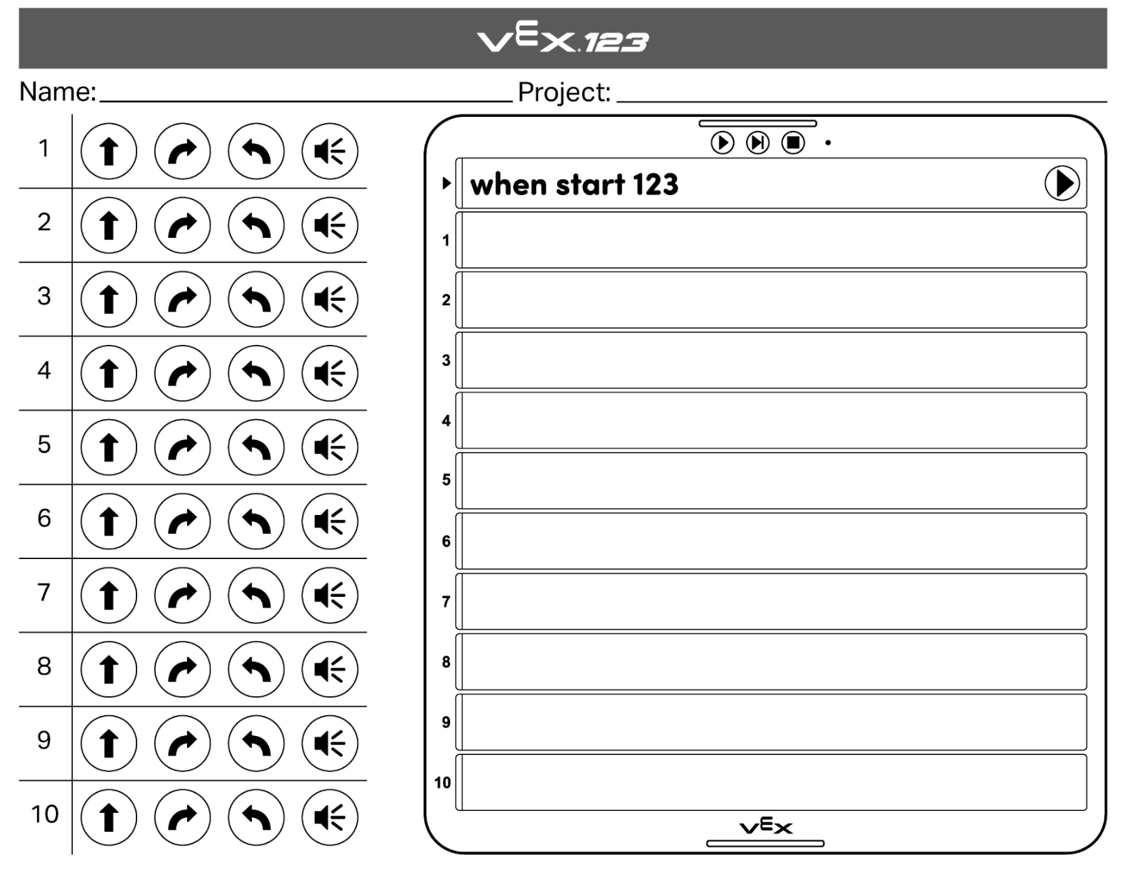 Blank Touch to Coder sheet for Lab 1. Rows of bubbles of the 4 Robot commands can be colored in to represent a program.