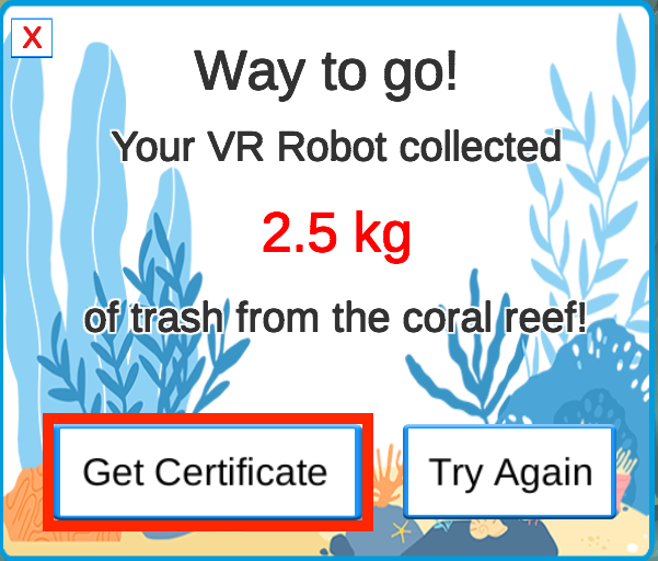 image of the get certificate button on the Coral Reef Cleanup playground