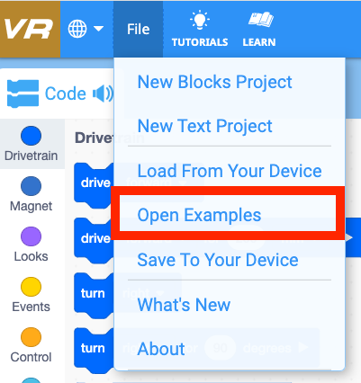 image of the Open Examples option in the File menu in VEXcode VR