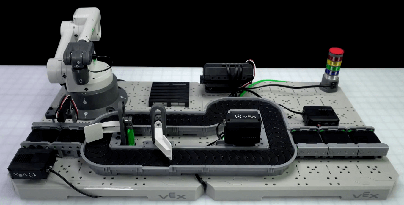 Angled view of the completed CTE Workcell Base build with cables running below and around the platform to remove clutter.