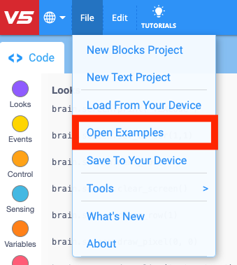 Image of the file menu open in VEXcode V5 with Open Examples highlighted