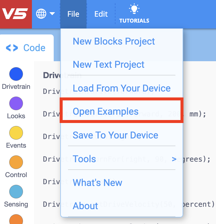 Open example option is highlighted in the File menu