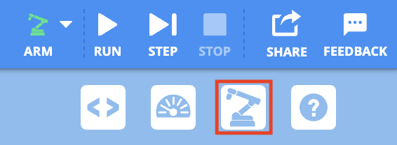 VEXcode EXP Toolbar with the Teach Pendant button called out in a red box, in between the Monitor and Help icons.